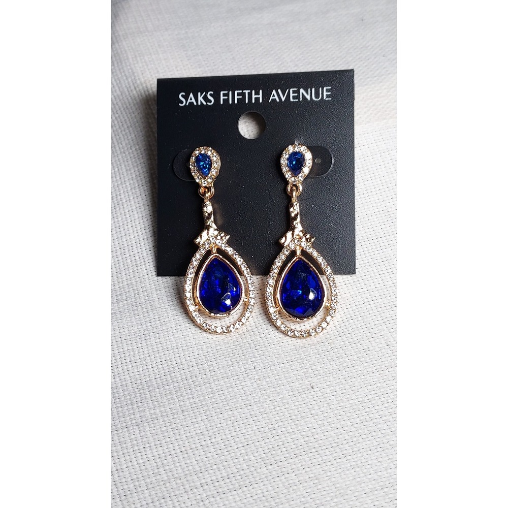 Saks Fifth Avenue Gold Tone Cobalt Royal Blue Rhinestone Teardrop Dangle Earring